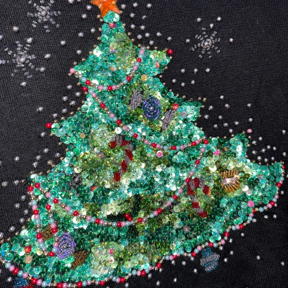 Black long sleeve blingy Christmas tree top with rhinestones and beads - Picture 7 of 8